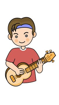 Boy plays a ukulele guitar cartoon animation in a transparent background. Suitable for adorable performance characters and musical entertainment element content. Seamless looping