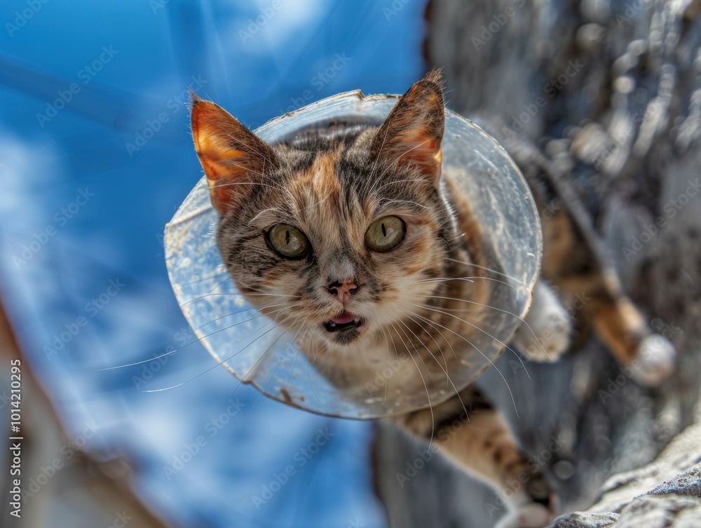 Wall mural A cat wearing a cone looks up at the camera. AI.