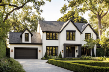 a modern farmhouse-style home with a white exterior, black trim, and dark roof shingles.