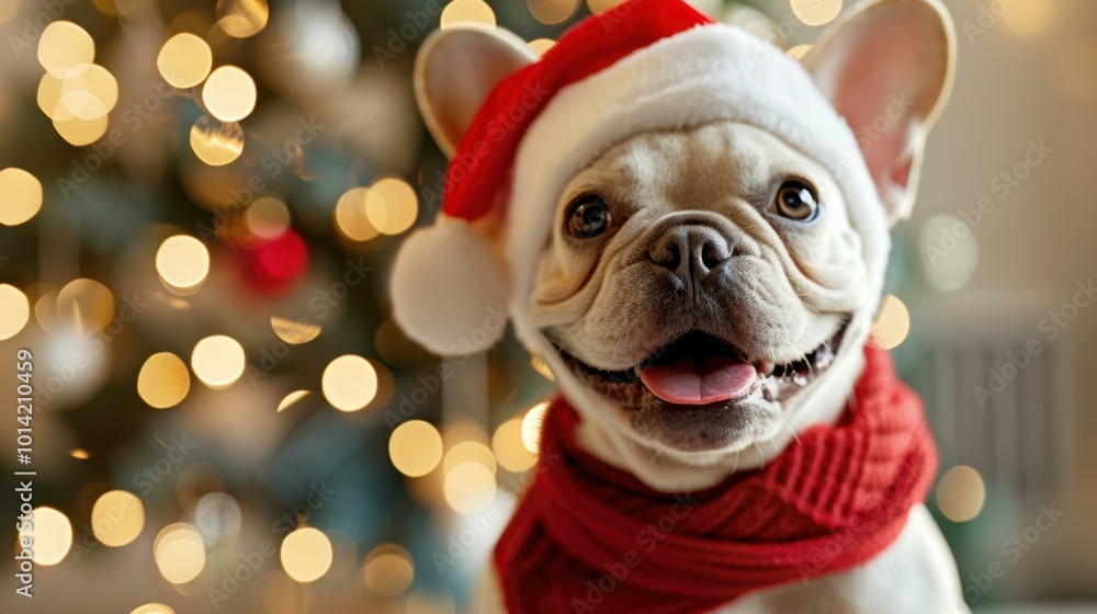 Canvas Prints A bulldog dog wearing a Santa hat and scarf. AI.