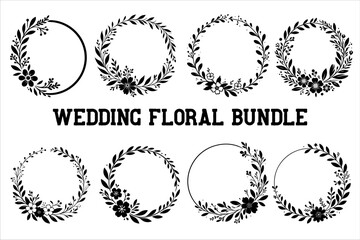 Floral round frames and plant silhouette Bundle for wedding. Frame Wedding Flower set on white background.