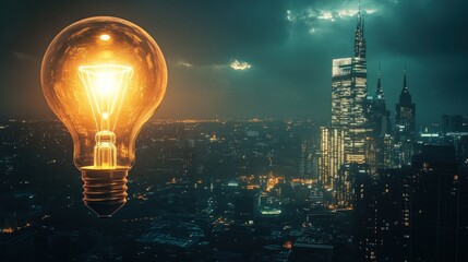 A glowing lightbulb over a cityscape at night, representing a new idea or inspiration.