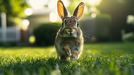 A rabbit hopping around in a grassy backyard