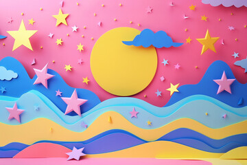 A vibrant art-inspired paper cut stars scene, featuring colorful installations. Perfect for wallpapers, home decor, or creative projects. Adds a playful and artistic touch to any space