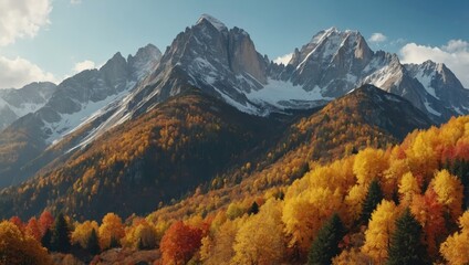 Vibrant autumn landscape with person gazing at mountain peaks