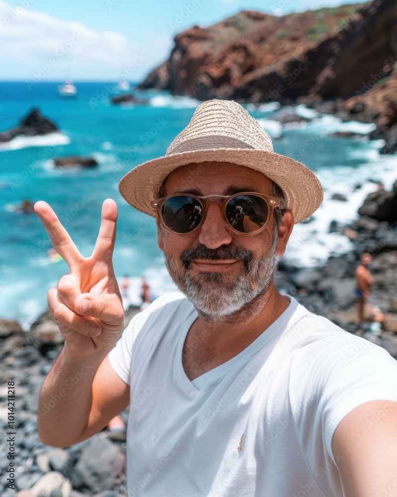 Canvas Prints Man in a straw hat and sunglasses making a peace sign in front of the ocean. AI.