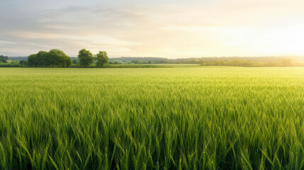 Fototapeta premium A vast, sunlit field of lush green grass stretches towards the horizon, bordered by distant trees under a serene sky.