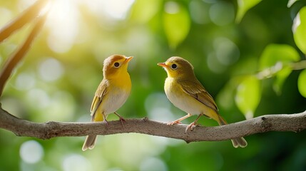 Fototapeta premium Two small yellow birds perched on a branch.