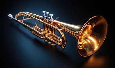 Fototapeta premium A shiny golden trumpet on a black background.