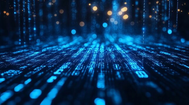 Abstract digital background with blue binary code raining down.