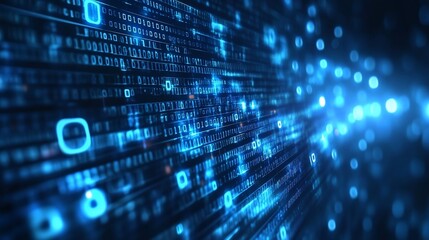 Abstract digital binary code pattern with blue glowing circles.