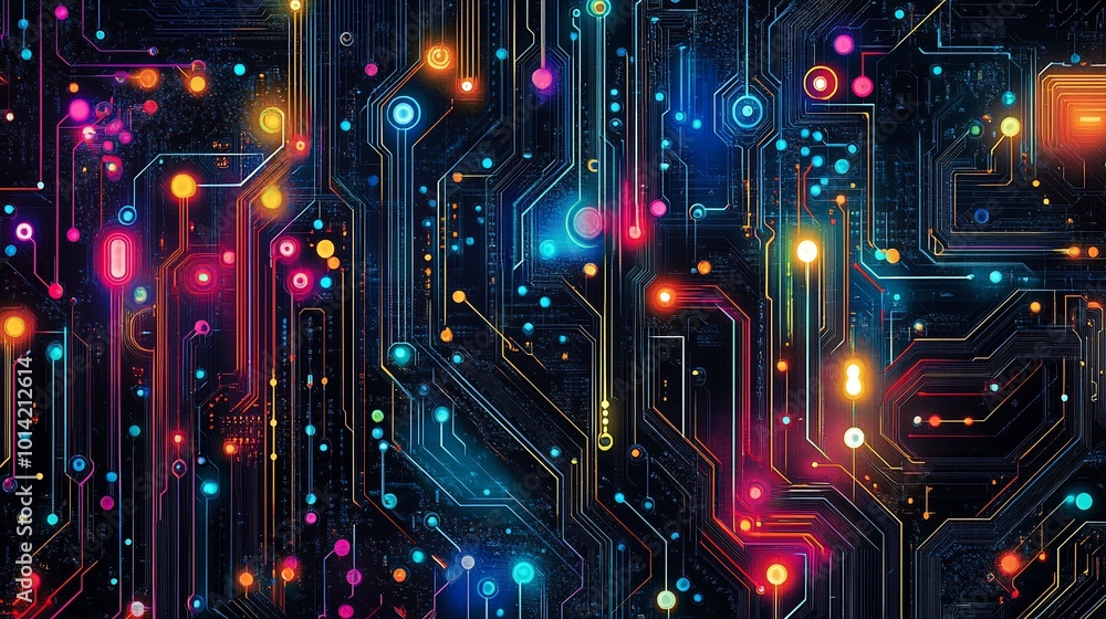 Aufkleber abstract digital circuit board with glowing lines and dots in neon colors.