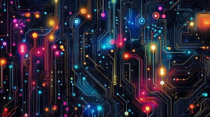Abstract digital circuit board with glowing lines and dots in neon colors.
