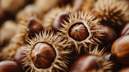 Close-up view of chestnuts nestled within their spiky shells showcasing an earthy texture in an autumn setting