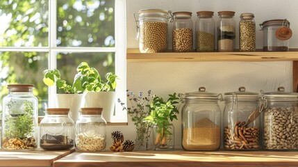 Organized Kitchen Pantry with Glass Jars Herbs and Natural Lighting