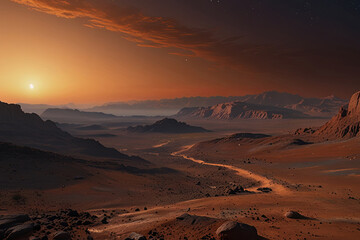 Realistic Martian Horizon at Sunset with Craters, Dust Dunes, and a Stunning Red-Orange Sky Transitioning into Clear Space