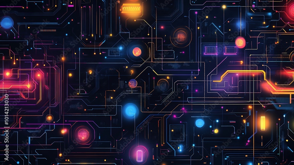 Poster abstract futuristic background with glowing neon circuit board pattern.