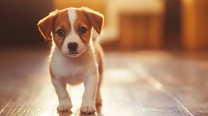 A puppy exploring a new home environment