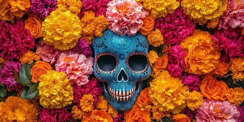a dia de los muertos themed sugar skull with colorful orange, pink, and red flowers, 