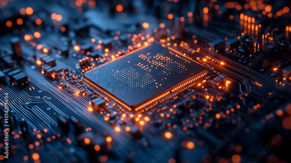 Fototapete close-up of a glowing computer processor chip on a circuit board.