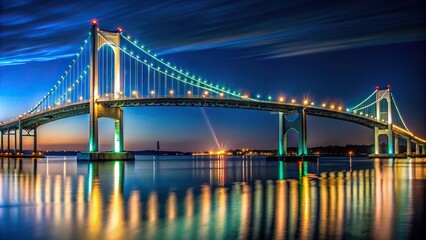 A medium shot of the Claiborne Pell Bridge in the background at night in Newport Rhode Island showcasing the elegant structure illuminated against the dark sky, Newport Bridge, bay