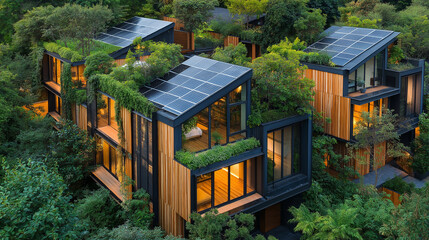 Eco-Friendly Homes, a design of a sustainable home with solar panels and green roofs, with copy space, World Architecture Day