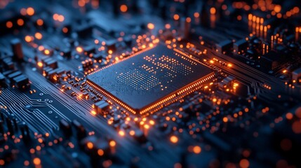 Close-up of a glowing computer processor chip on a circuit board.