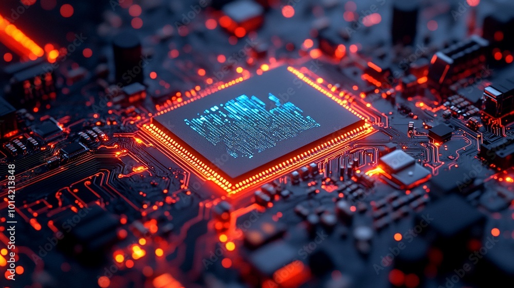 Aufkleber close-up of a glowing processor chip on a circuit board.