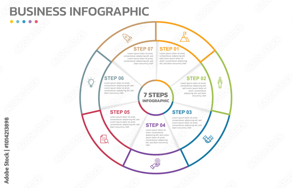 Aufkleber Visual data presentation. Cycle diagram with 7 options. Pie Chart Circle thin line infographic template with 7 steps, options, parts, segments. Business concept. Marketing infographic outline style.