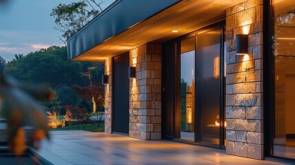 Exterior house entrance walls, surface mounted linear light on outside walls of house.