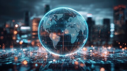 A glowing digital globe sits on a futuristic circuit board against a city skyline.