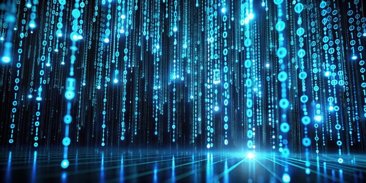 A digital rain of glowing blue binary code cascading down into a futuristic, reflective grid
