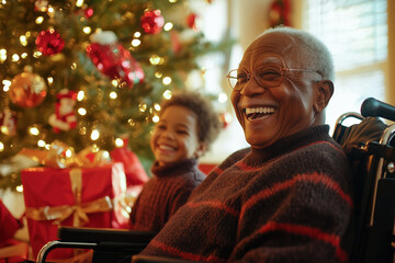 Senior Black man in wheelchair smiling with grandchild at Christmas, concept of holiday joy - Powered by Adobe