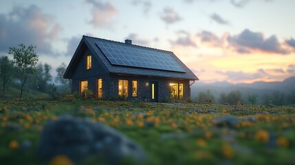Fototapeta premium A serene house surrounded by flowers at sunset with solar panels.