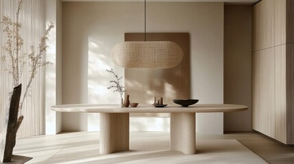 Minimalist dining room with earthy tones, a custom beige table, and a unique light fixture that captures the essence of modern elegance