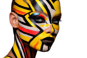 A beauty shot showcasing neon face paint designs around the eyes and cheeks, contrasting with the clean white background