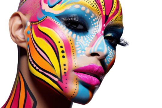 A beauty shot showcasing neon face paint designs around the eyes and cheeks, contrasting with the clean white background