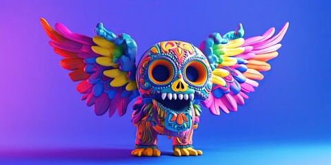 mexican alebrije dough blender model style, it is a mix of a skull with wings in neon color