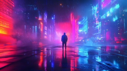 Modern futuristic neon abstract background. Large object in the center, space background. Dark scene with neon light. Reflection of light on a wet surface.