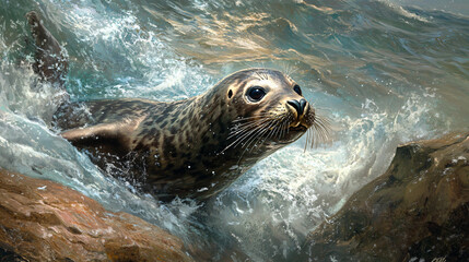 A playful seal swimming near a rocky shore