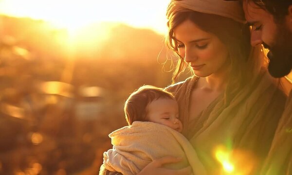 Mary hugging baby Jesus, Son of God, Christmas nativity scene