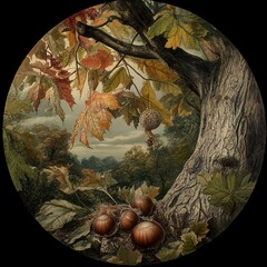 Autumn Leaves and Chestnuts: A Detailed Painting of Nature's Bounty