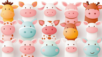 Fototapeta premium Illustration of adorable farm animal faces, including cows, pigs, and sheep, in pastel colors with cute, smiling expressions.