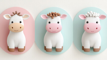 Three adorable, cartoon-style cows in pastel-colored circles, showcasing cute and friendly expressions. A charming and cheerful illustration.