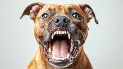 Closeup front view face portrait of aggressive barking dog with open mouth and sharp jaw teeth, isolated. Angry dangerous domestic pet animal, furious guard pitbull attack bite, vicious, fear, scary