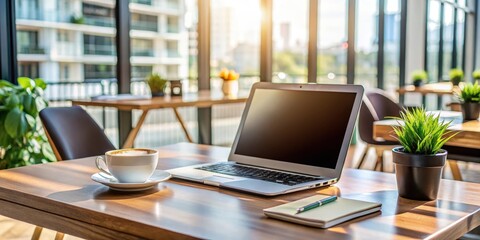 Fototapeta premium A laptop, a cup of coffee, and a notepad on a wooden table, bathed in warm sunlight streaming through large windows, creating a serene and productive work atmosphere
