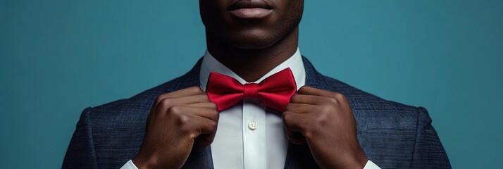 black man wearing black tuxedo with red bow tie 