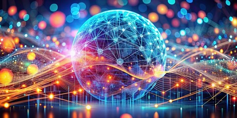A digital world of interconnected networks, represented by a luminous orb with glowing lines and dots, set against a background of abstract waves and colorful bokeh lights.