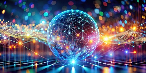Obraz premium A luminous sphere surrounded by vibrant lines and nodes representing the interconnectedness of data and information