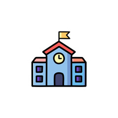 School building icon with a flag and time clock. Vector illustration.